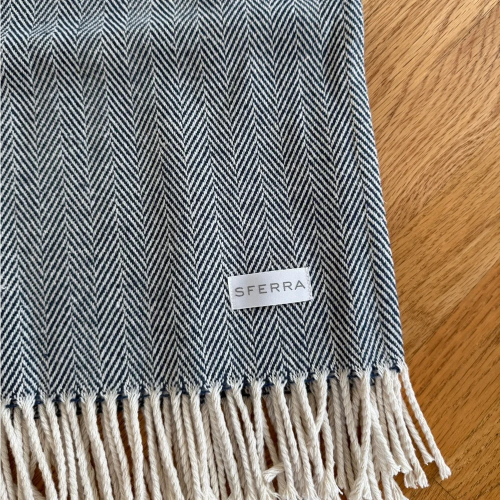 Sferra Navy Herringbone Throw Blanket with Fringe